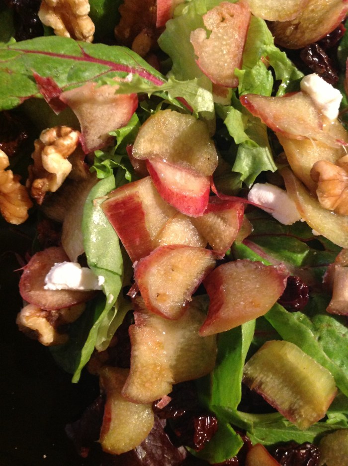 rhubarb, walnut, dried cherry, goat cheese, honey vinaigrette.